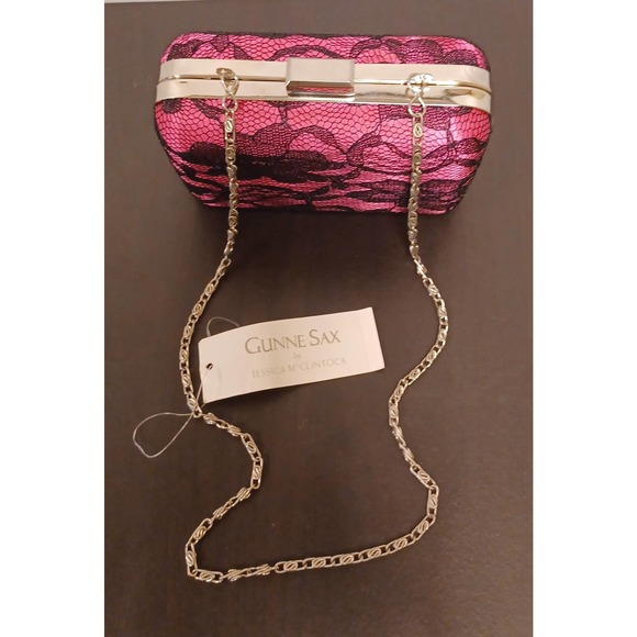 NEW Gunni Sac Fushia Pink with Black Lace Box Purse with Chain Strap - Picture 2 of 5